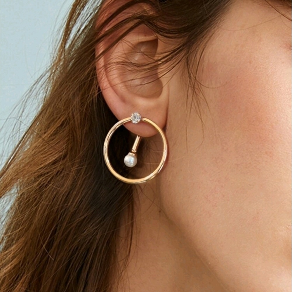 Gold Circle Hoop Earrings Pearl Drop rhinestone Stud Minimalist Old Money 💖